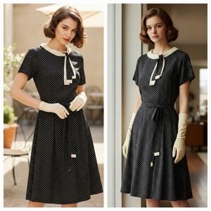 NEW Vintage 50s 60s Orweco Frocks Fringed Polka Dot Belted Dress in Black